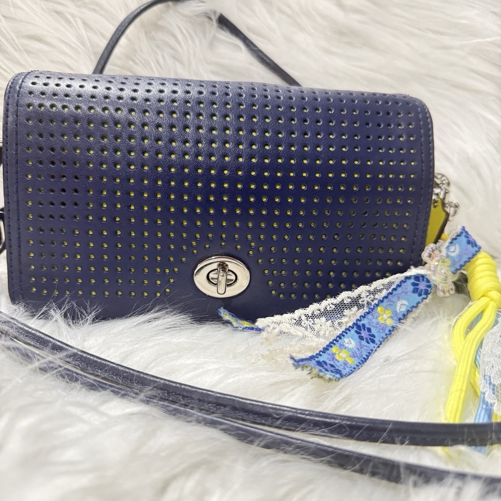 Coach Legacy Penny Navy Blue Perforated Leather Crossbody‎ Bag Purse